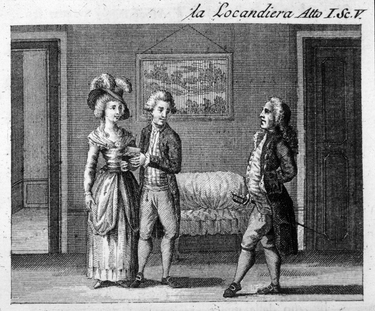 Carlo Goldoni (1707-1793) „La locandiera” (1753) című darabjának I. felvonásának 5. jelenete. 18. századi metszet alkotó: Italian School