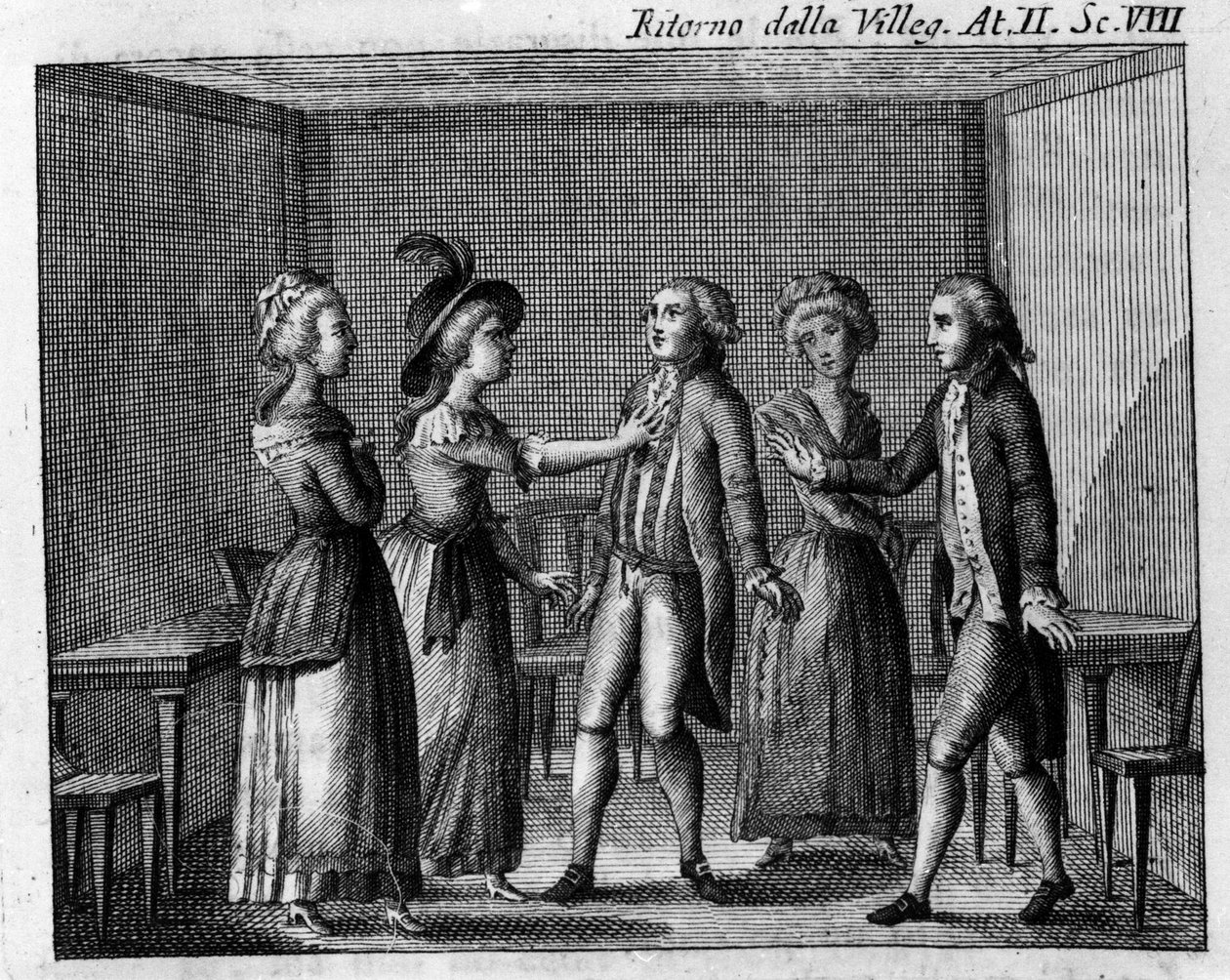 Carlo Goldoni (1707-1793) „Ritorno della villeggiatura” (A város visszatér) (1761) című képregényének II. felvonásának 8. jelenete. 18. századi metszet alkotó: Italian School