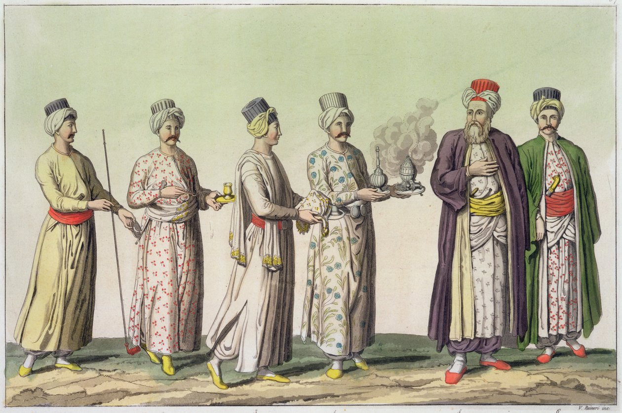 Szolgák pipát, édességvázát, kávét, tűzhelyet és rózsavizes kancsót hordozó szolgák, 57. tábla a „Nemzetek története” III. részének I. kötetéből, V. Raineri (akvatinta) metszetével alkotó: Italian School
