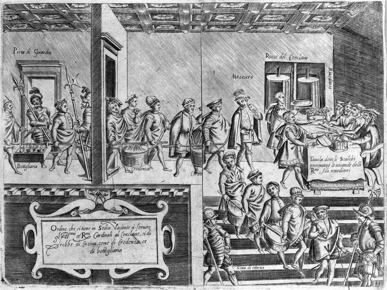 A bíborosok szolgálata konklávé alatt. Metszet az „Operából”, 6 részre osztott gasztronómiai könyv, Bartolomeo Scappi, V. Pius pápa velencei szakácsa. alkotó: Italian School