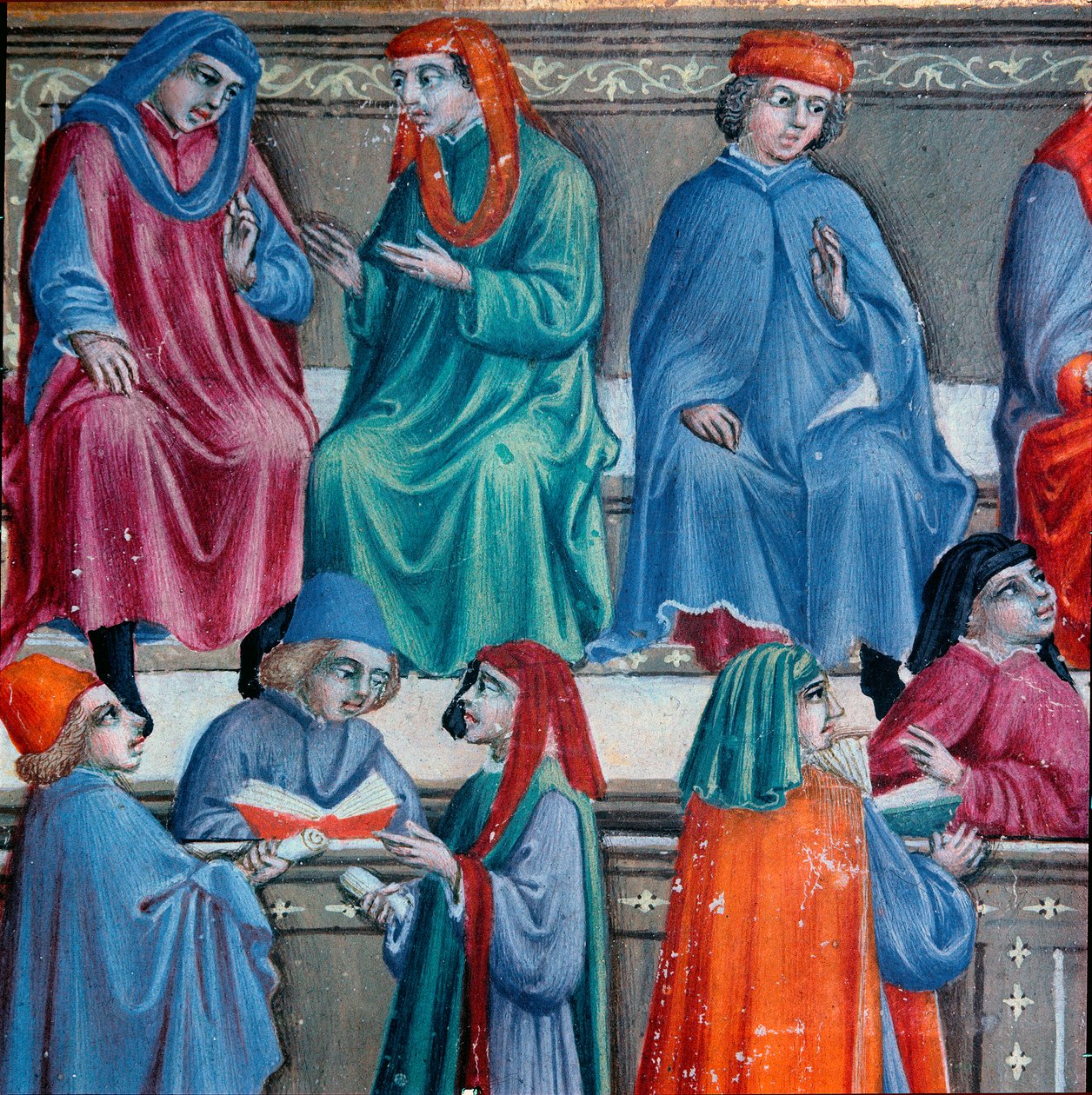 sienai kereskedők. Egy miniatúra részlete a Statuto della Mercanzia-ból, a sienai kereskedelmi törvénykezés kézirata. 1342. Sienai Állami Levéltár. alkotó: Italian School