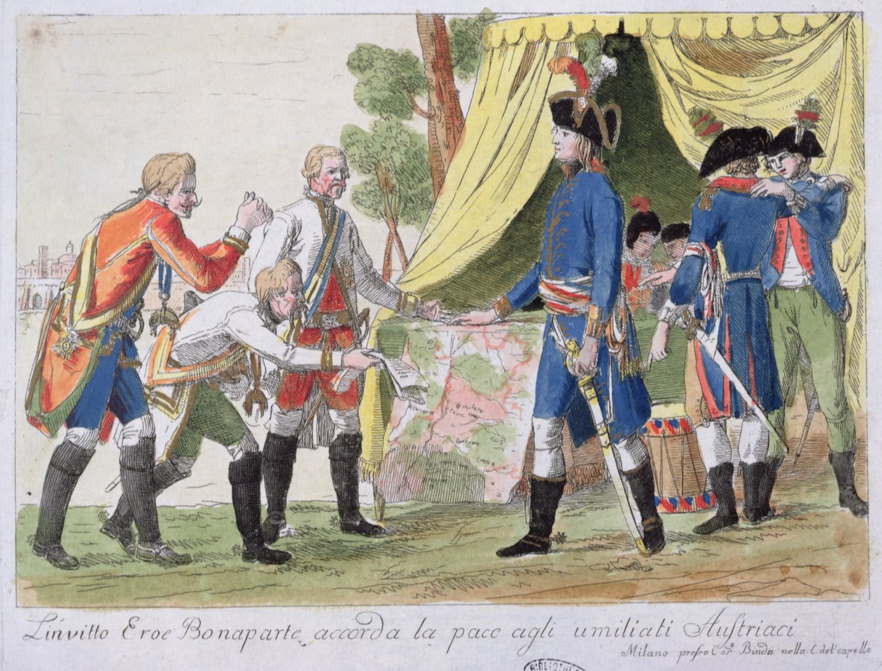 A Campo Formiói Szerződés aláírása Franciaország (Bonaparte képviseletében) és Ausztria (Cobenzl képviselője) között 1797-ben alkotó: Italian School