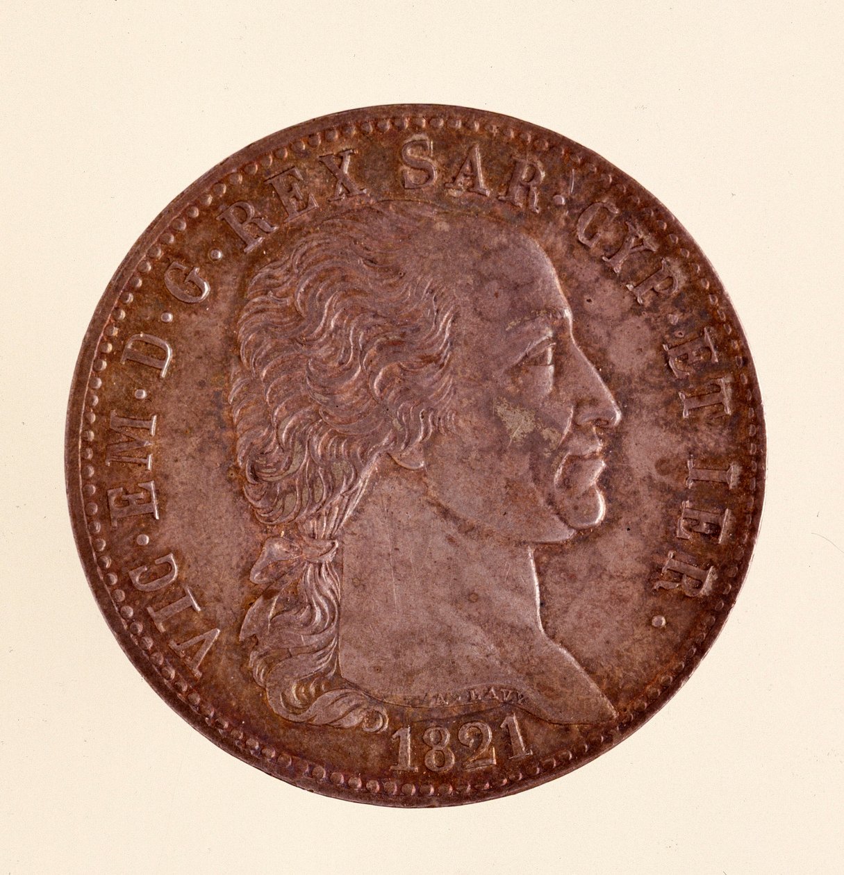 Ezüst olasz érme (ecu) Szardínia királyságából: Vittorio Emanuele I (I. Viktor Emmanuel) uralkodása (1759-1824). 1821. Átm. 3,8 cm Nápoly, museo archeologico alkotó: Italian School