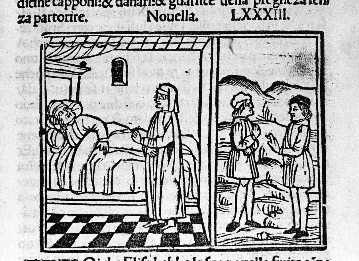 Simone arra készteti Calandrinót, hogy gyereket hord a hasában. Illusztráció a „Dekameron” 83. híréhez (a kilencedik nap új 3-a) Giovanni Boccaccio dit Jean Boccaccio (1313-1375) olasz írótól. Metszet „” Decamerone ouer Cento nouell alkotó: Italian School