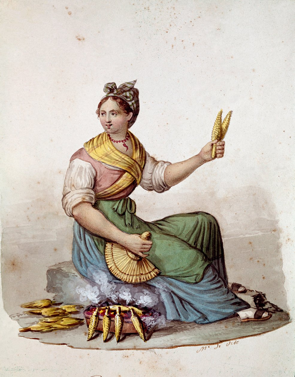 Kis nápolyi meier: kukorica rácsok eladónője - (Régi szakma: grillkukorica eladó) Akvarell XIX. századi Museo Nazionale di San Martino Nápoly alkotó: Italian School
