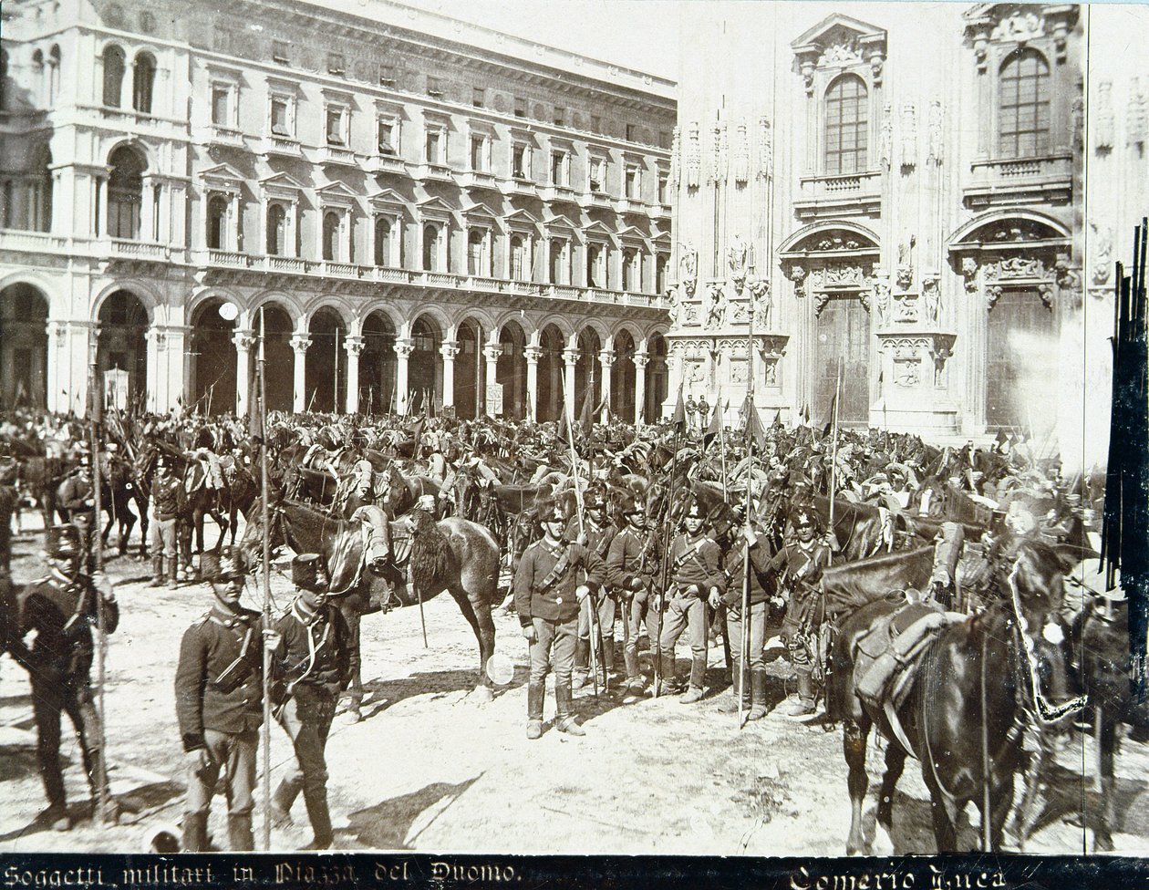 Katonák Bava Beccaris tábornok parancsnoksága alatt, a székesegyház előtt, a milánói zavargások idején, 1898. május 6-9. alkotó: Italian School