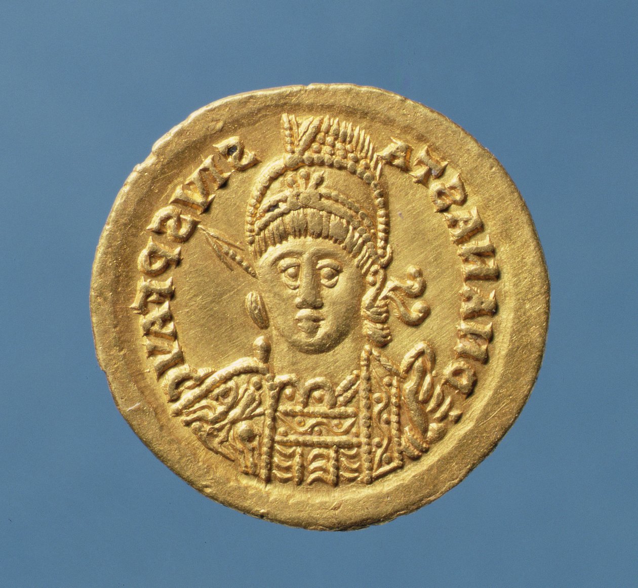 Solidus (előlap) I. Theodorik (i.sz. 471-526) verte. Olaszország osztrogót királya, Anastasius bizánci császár solidusát másolva (i.sz. 491-518) (arany) Felirat: DN ANASTASIVS P F AVG alkotó: Italian School