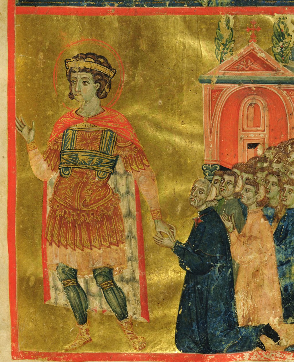 Néhány testvér imádkozik Szent Teodorhoz, egy Mariegolából, 1350 (tinta és aranylevél pergamen) alkotó: Italian School