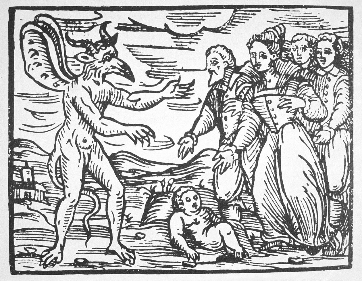 Varázslók, akik gyermeket mutatnak be az ördögnek, M. Guaccius atya Compendium Maleticarum című könyvéből (1608), amely a 19. század végén megjelent mágiatörténetben illusztrált. alkotó: Italian School