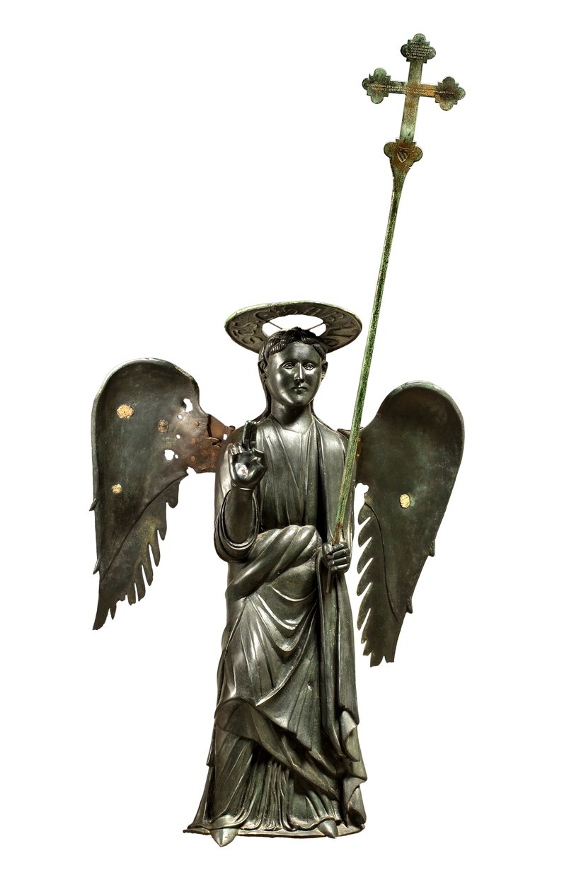 Szent Gábriel arkangyal körmeneti keresztet tartó, XII századi bronzszobor, 1369-es kereszt alkotó: Italian School
