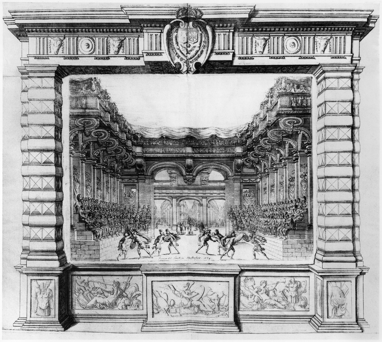 Giacomo Torelli (1608-78) színpadi terve az 1645-ben a párizsi Petit Bourbon Színházban bemutatott la Finta Pazza számára, 1654 alkotó: Italian School