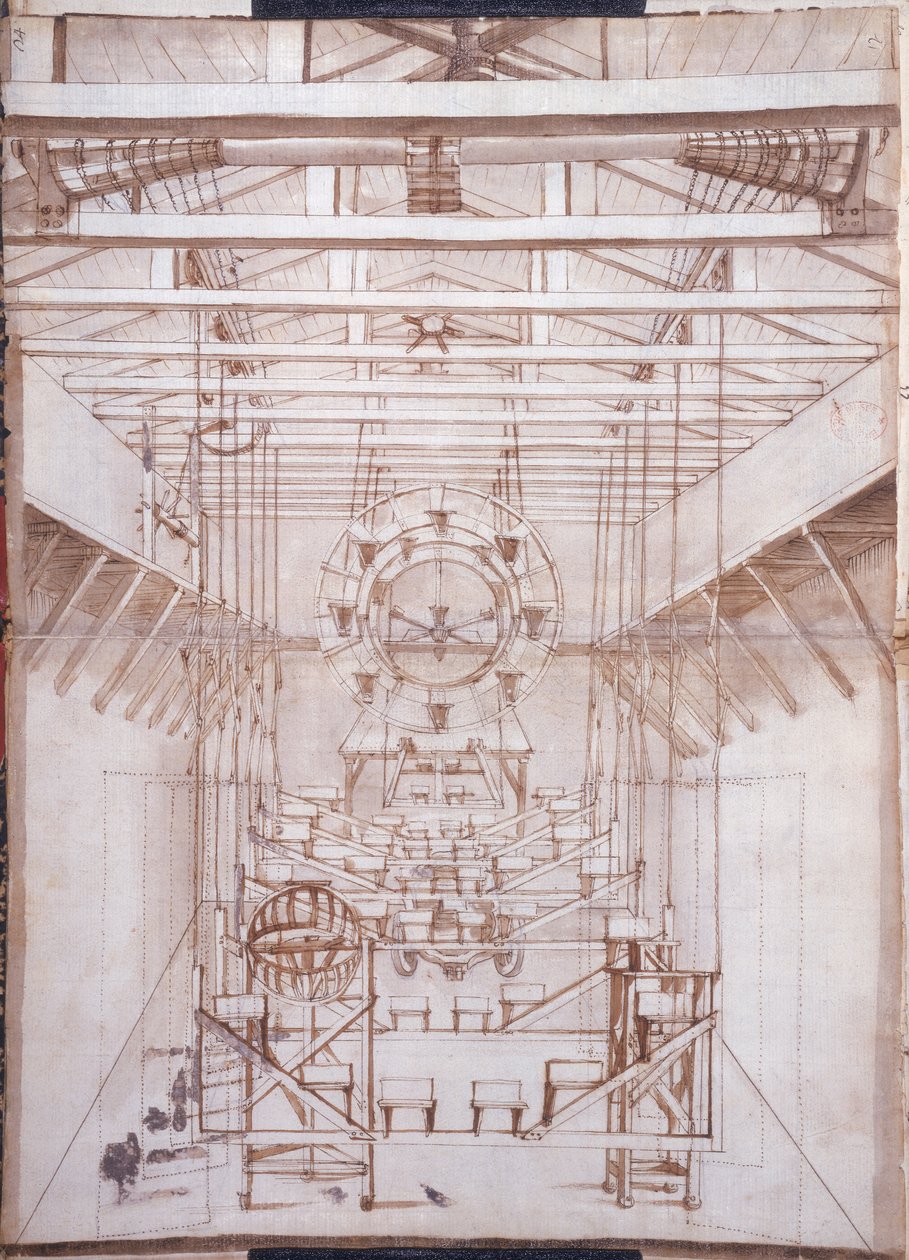 Színpadi gépek az operákhoz a velencei San Salvatore színházban, 1675 (toll- és tintamosás papíron) alkotó: Italian School