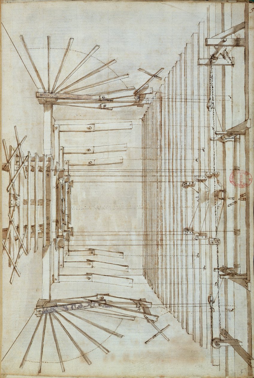 Színpadi gépek az operákhoz a velencei San Salvatore színházban, 1675 (toll- és tintamosás papíron) alkotó: Italian School