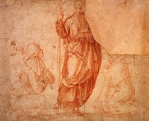 Álló szent két könyörgővel (piros kréta papíron) alkotó: Italian School
