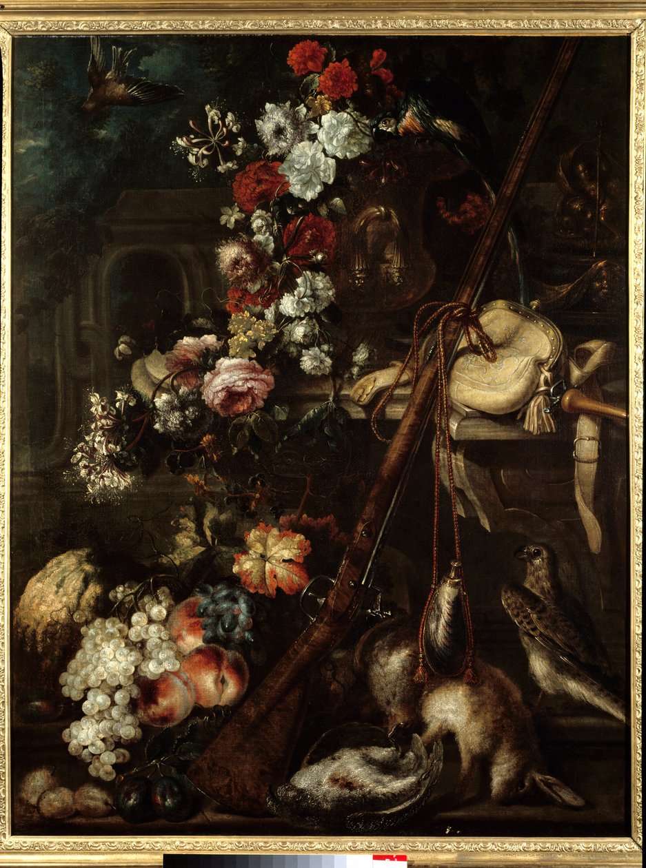 Virágcsendélet, játék és puska A 17. századi olasz iskola festménye - V 1,18x0,91 m Bayonne, Musee Bonnat alkotó: Italian School