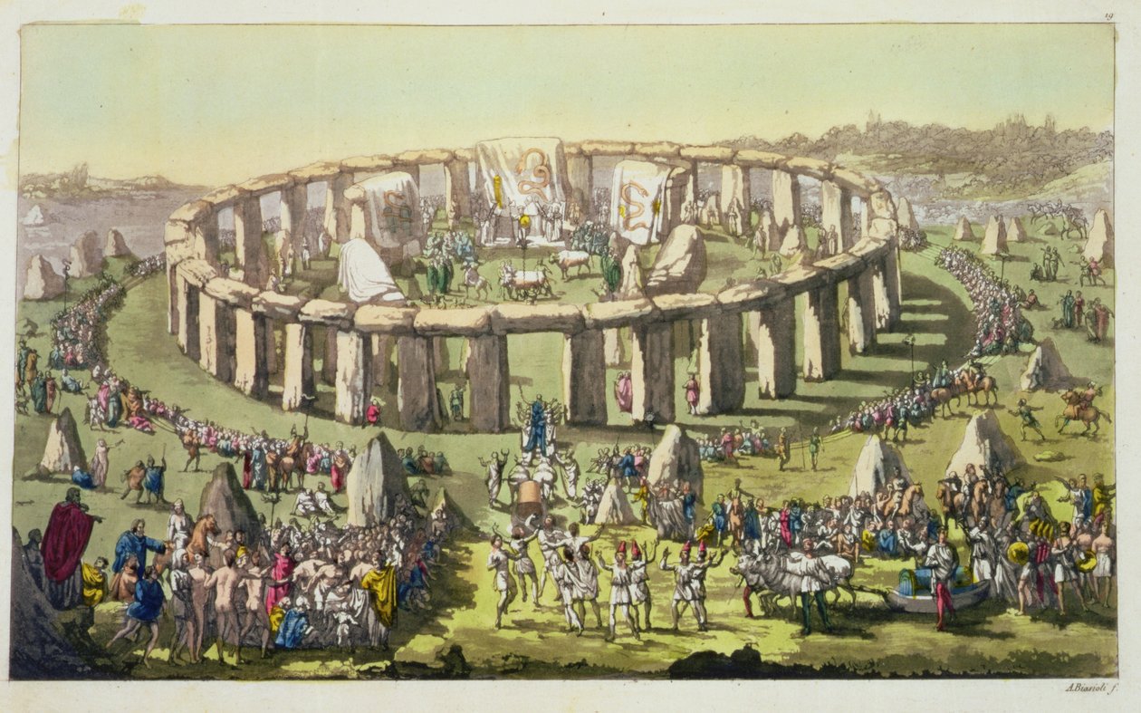 Stonehenge, avagy a druidák kör alakú temploma, 19. lemez a Nemzetek története című könyvből (akvatinta) alkotó: Italian School