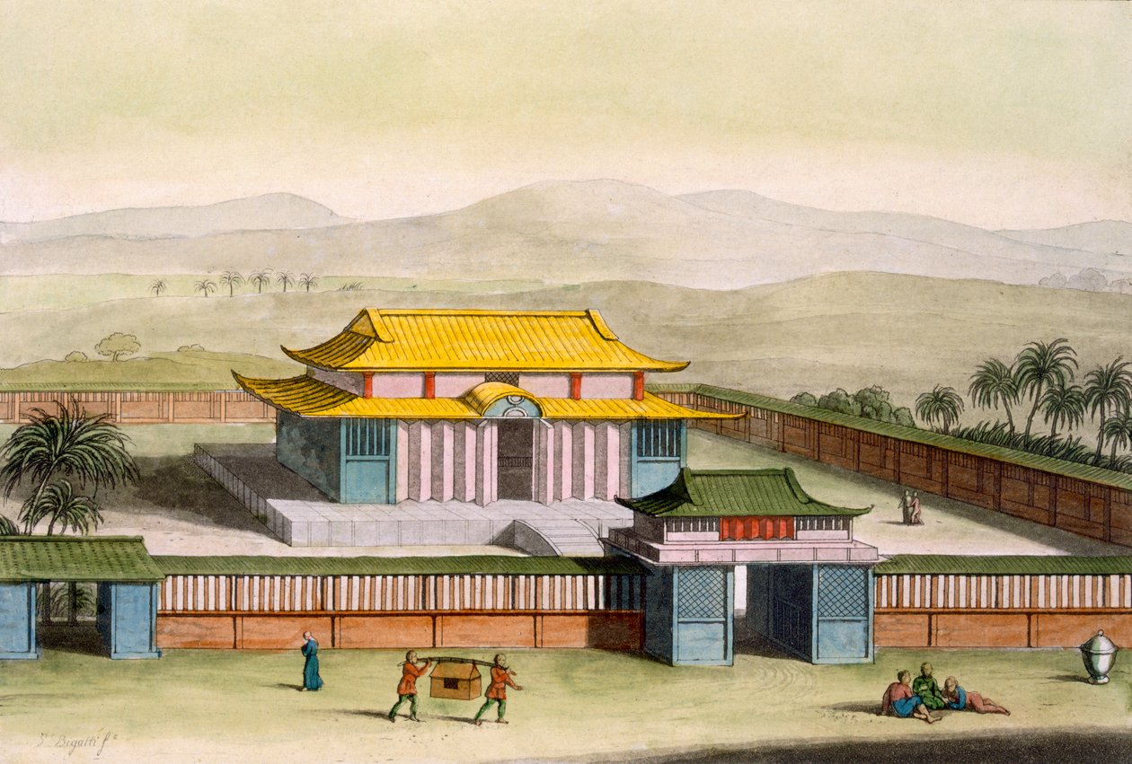 Daibods templom egy vidéki épületben, Giulio Ferrario Costume dei... című művéből, 1820-30-as évek (kézzel színezett litho) alkotó: Italian School