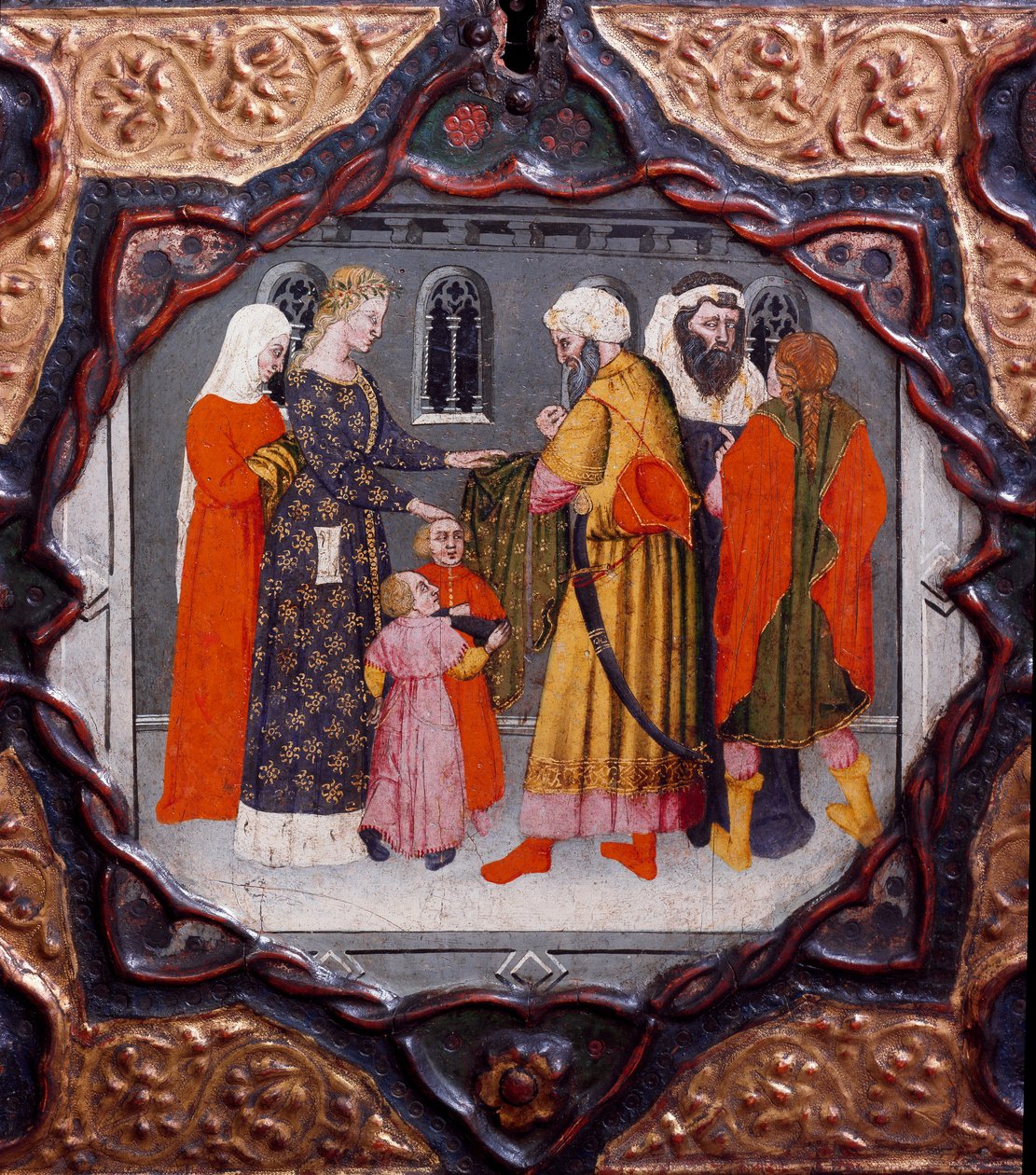 Tizedik nap, kilencedik hír: Messer Torello és Szaladin (1138-1193) napja (Salah al Din Yusuf al-Ayyubi (al Ayyubi). Giovanni Boccaccio (Jean Boccaccio) (1313-1375) "Dekameronját" ábrázoló festett doboz 15. század Firenze, Museo Nazionale del Ba alkotó: Italian School