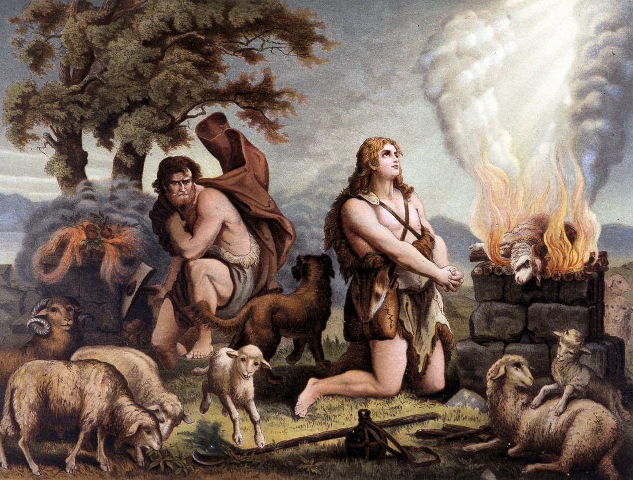 A Bárány imádása (Káin és Ábel) – Cain és Abel (bárány feláldozása) a "Golden Classic Bible: Az isteni kinyilatkoztatás története az ókori és új feszültségben" című könyvében, Giovanni Ladislao Sykora (1. köt.), fordította Don Clemente Benetti. (Olaszorszá alkotó: Italian School