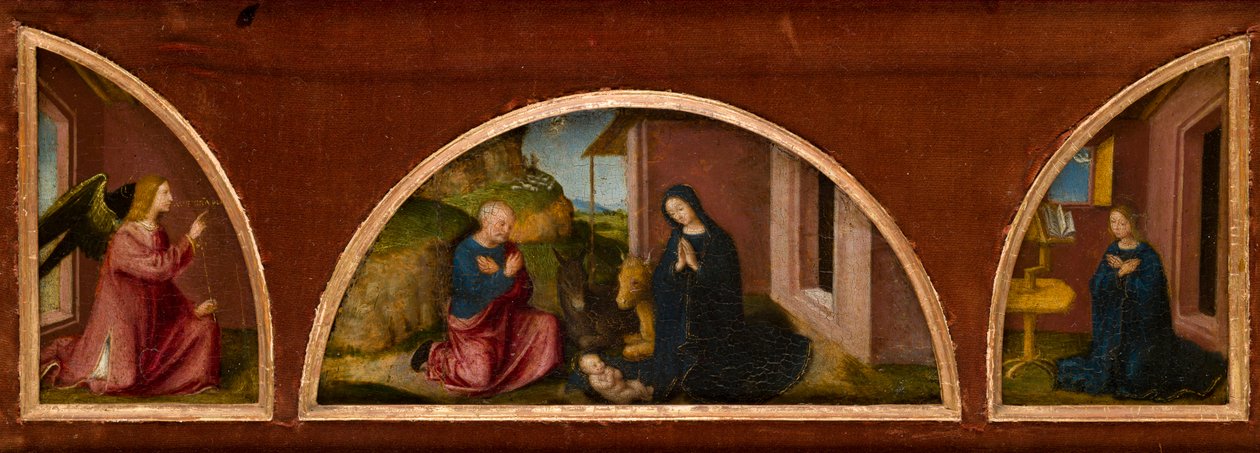 Az Angyali üdvözlet (bal és jobb oldali fél-lunetta) és a születés (középső lunatta) egy keretben, 1480 körül (olaj a panelen) alkotó: Italian School