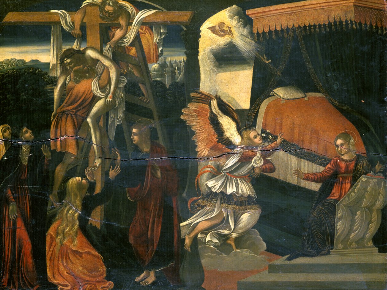 Az Angyali üdvözlet és a lerakódás (tempera dión) alkotó: Italian School