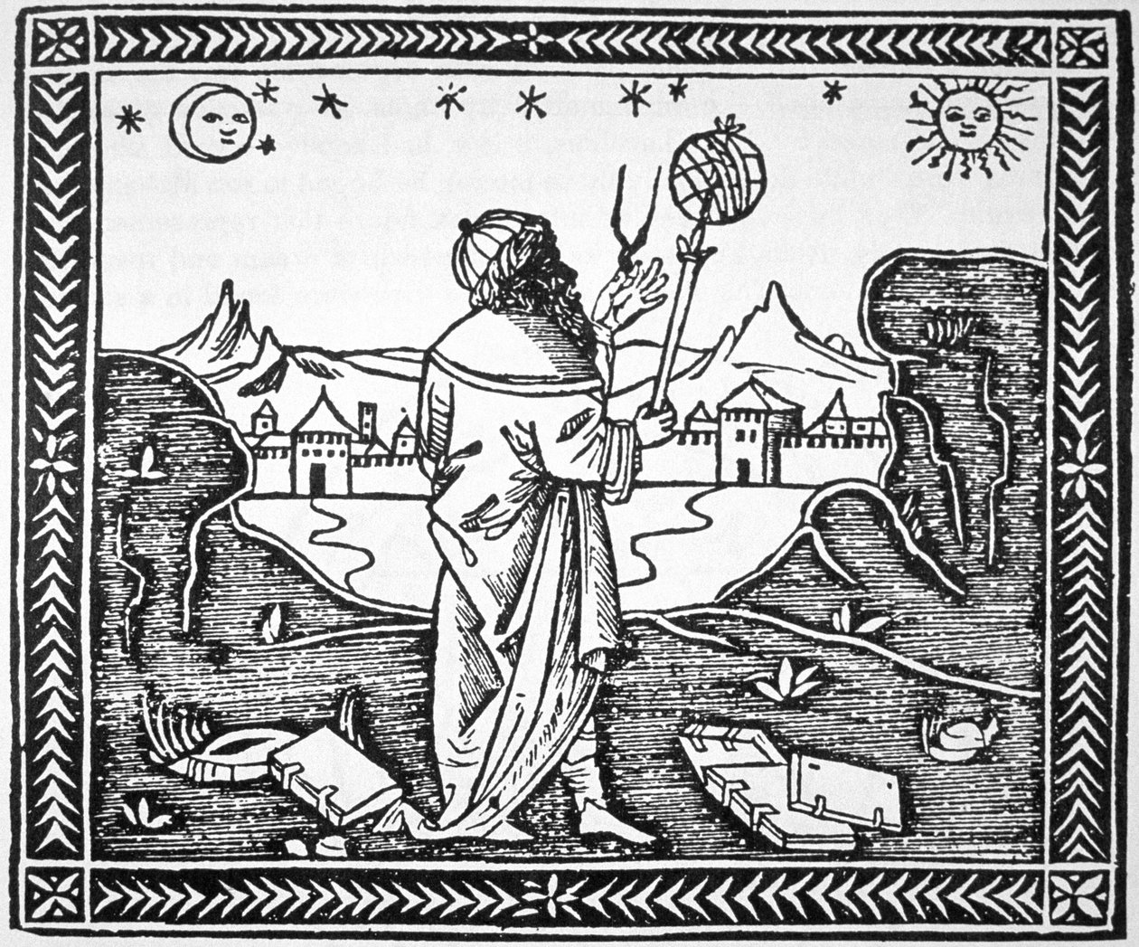 Albumasar asztrológus (787-885) a velencei Astronomiamban 1506-ban megjelent Introductorium című könyvének illusztrációjának másolata, amelyet a 19. század végén megjelent mágiatörténetben használtak. alkotó: Italian School