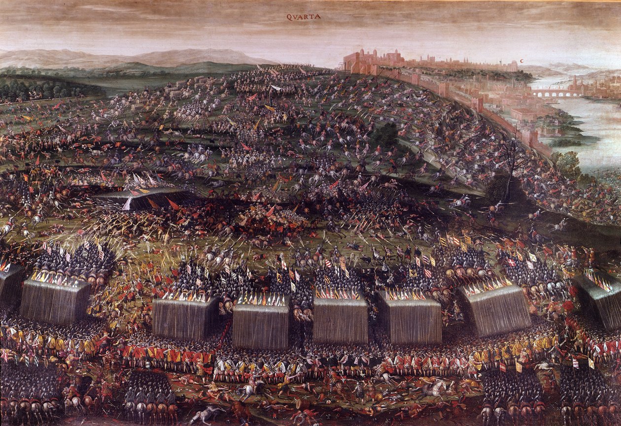 A fehérhegyi csata a harmincéves háború alatt (Németország 1620), amely az V. Frigyes által irányított Csehországot a Szent Ligával szembeállította. Olajfesték. Róma, Győzelmi Szt. Mária templom. alkotó: Italian School