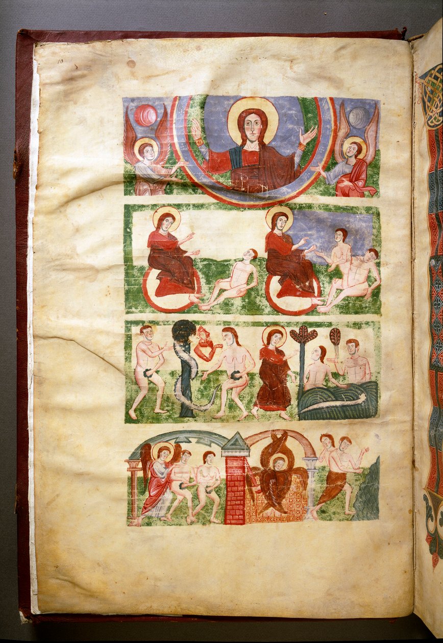 Ádám és Éva teremtése, az eredendő bűn és kiűzetésük a Paradicsomból. 11. vagy 12. századi kézirat előlapja. (Ms.1273) Róma, Biblioteca Angelica alkotó: Italian School