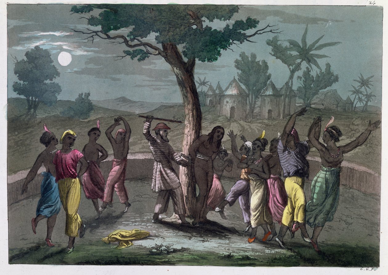A Mumbo-Jumbo tánca a Mungo Park utazásai szerint, J. Ferrario A kosztüm története című művéből, amely 1820 körül Milánóban jelent meg. alkotó: Italian School