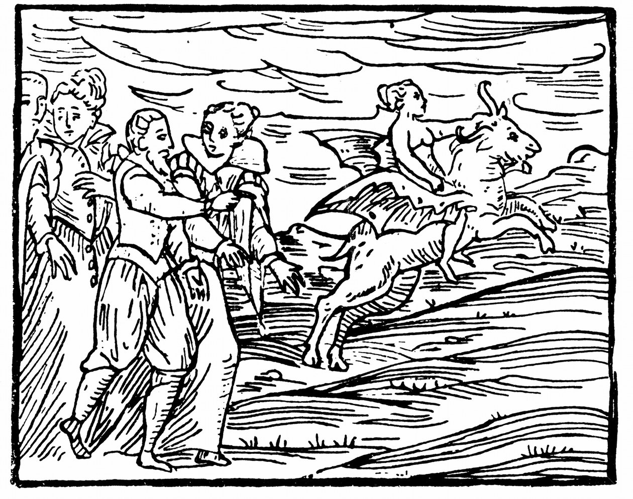 Az ördög repülő kecske alakjában, boszorkányt visz szombatra, illusztráció a Compendium Maleficarumból, Francesco Maria Guazzo, 1608 alkotó: Italian School