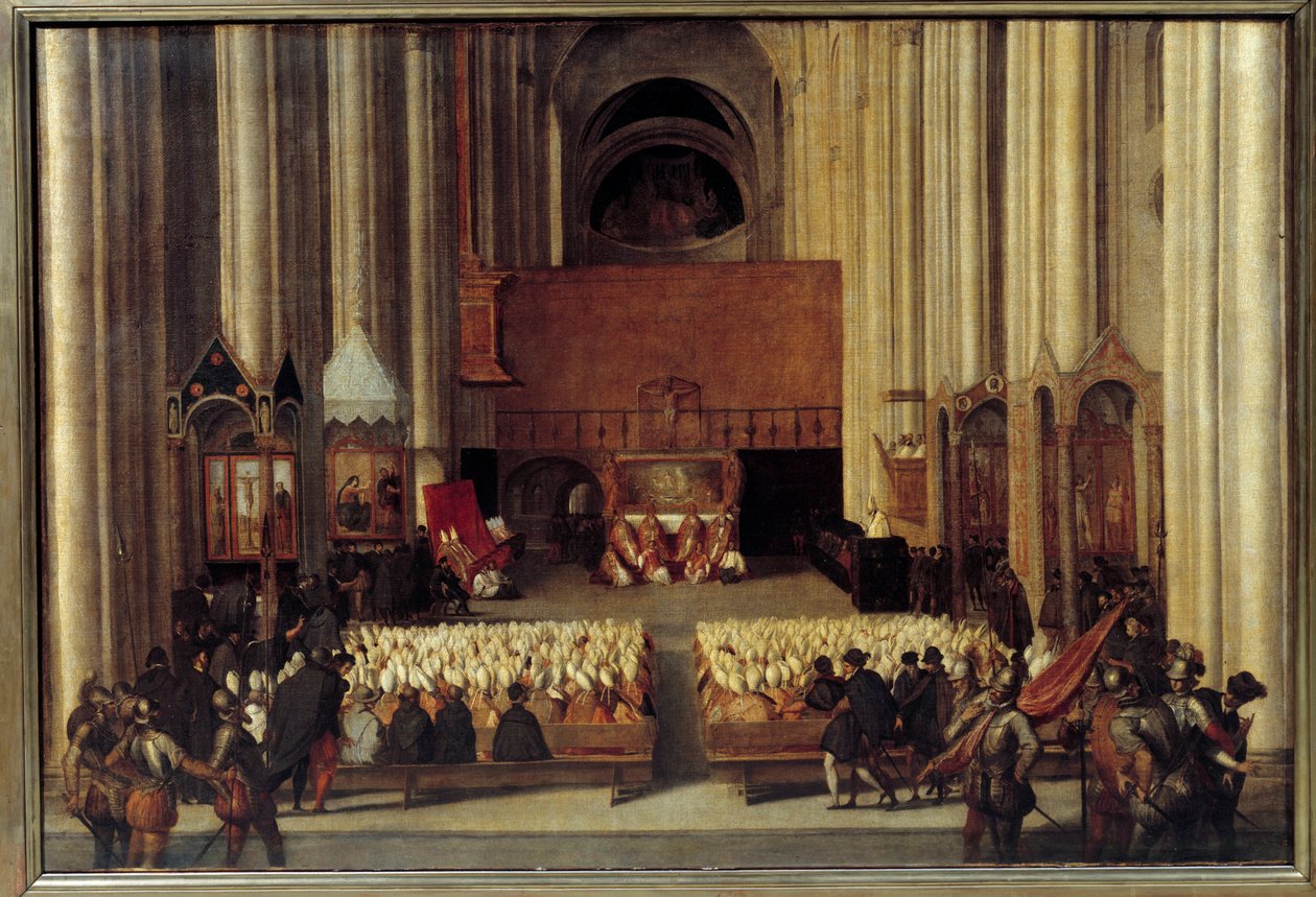 Tridenti Ökumenikus Zsinat. A Tridenti Zsinat a 19. ökumenikus zsinat, amelyet a Római Katolikus Egyház elismer. 1542-ben III. Pál pápa hívta magához Luther Mártonnak a protestáns reform keretében tett kérésére. alkotó: Italian School