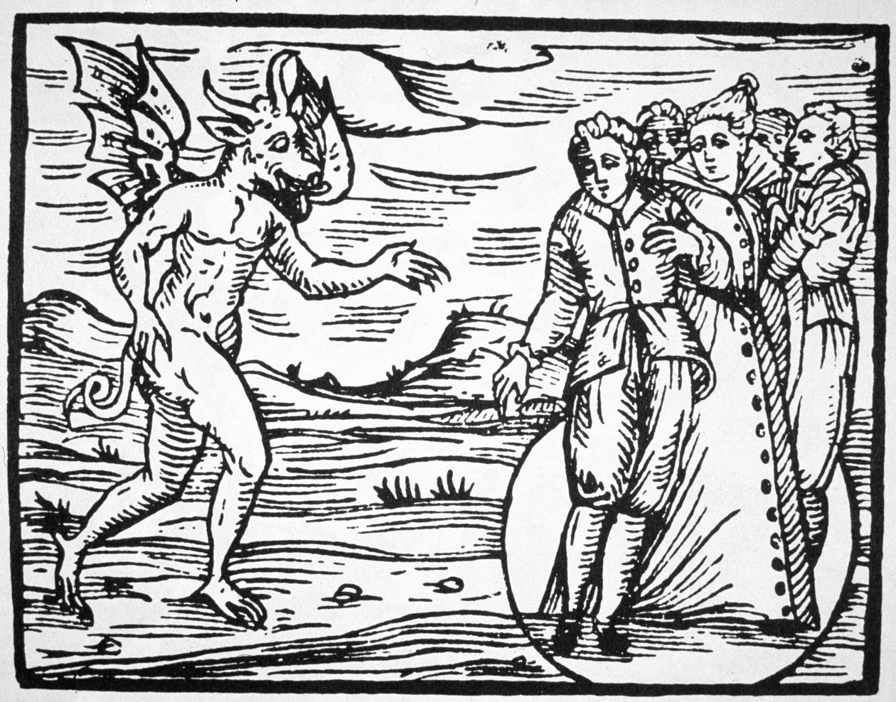 Az ördög felidézése, egy illusztráció másolata a Compendium Maleticarumból, Fr M Guacciustól, Milánó, 1608, a mágiatörténetben használt, a 19. század végén megjelent. alkotó: Italian School