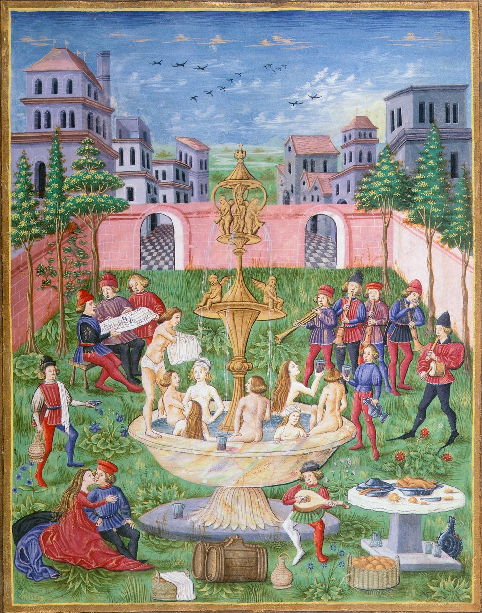 Az élet forrása: énekesek és zenészek a kertben, miniatűr a De Sphaerából, Leonardo Dati alkotó: Italian School
