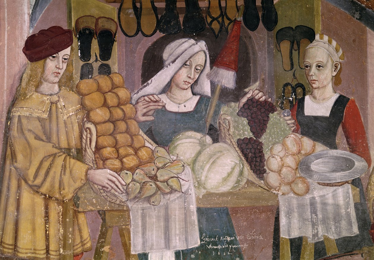 A gyümölcsárusok standja, részlet a „Gyümölcs- és zöldségpiacról” (freskó) alkotó: Italian School