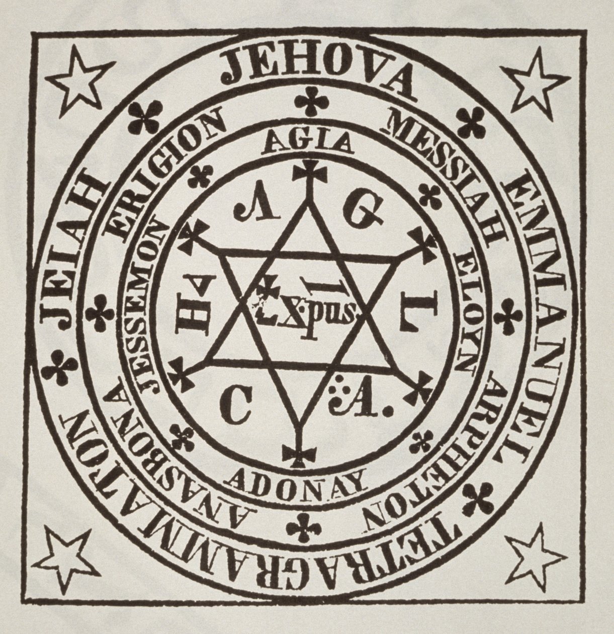 Agrippa nagy mágikus köre a démonok felidézésére, a Les Oeuvres Magiques de Henri Corneille Agrippa illusztrációjának másolata, 1744, Róma, a 19. század végén megjelent mágiatörténetben. alkotó: Italian School