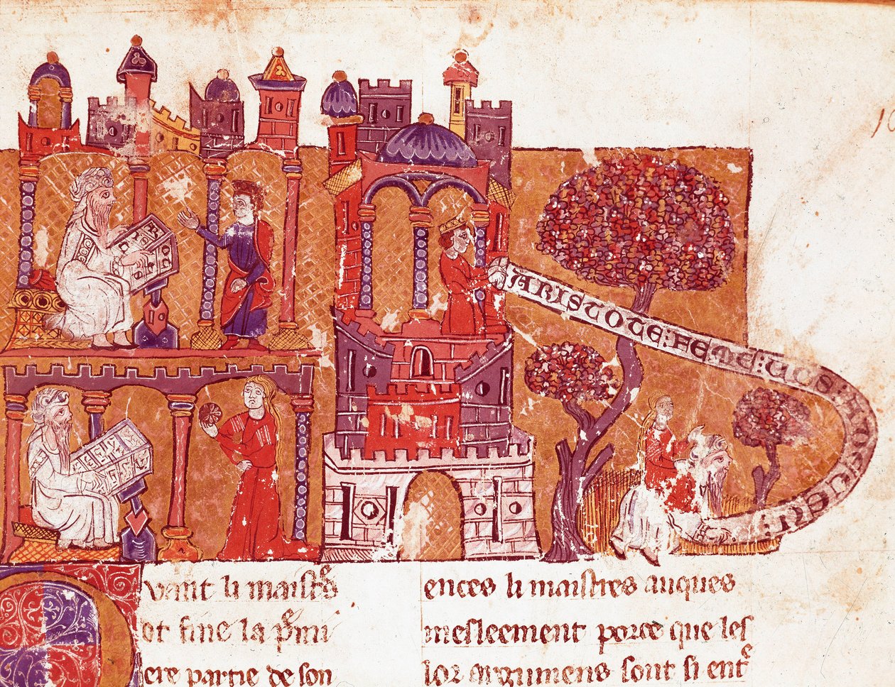 Arisztotelész (Kr. e. 383-322) görög filozófus erkölcsre és a nők megvetésére tanítja hallgatóit (mysoginia) Miniatűr egy 14. századi olasz kéziratból. Bibliotheque Inguimbertine Municipal de Carpentras. alkotó: Italian School