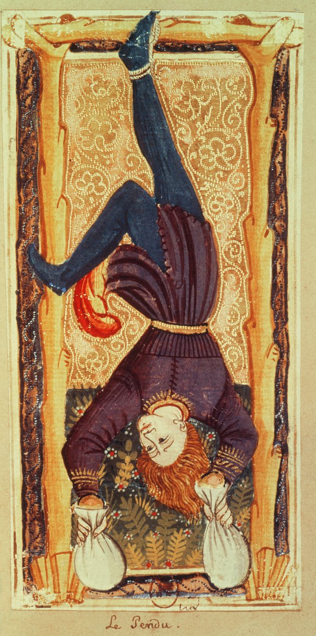 Az Akasztott ember, tarot kártya a VI. Károly vagy a Gringonneur pakliból (festett kártya) alkotó: Italian School