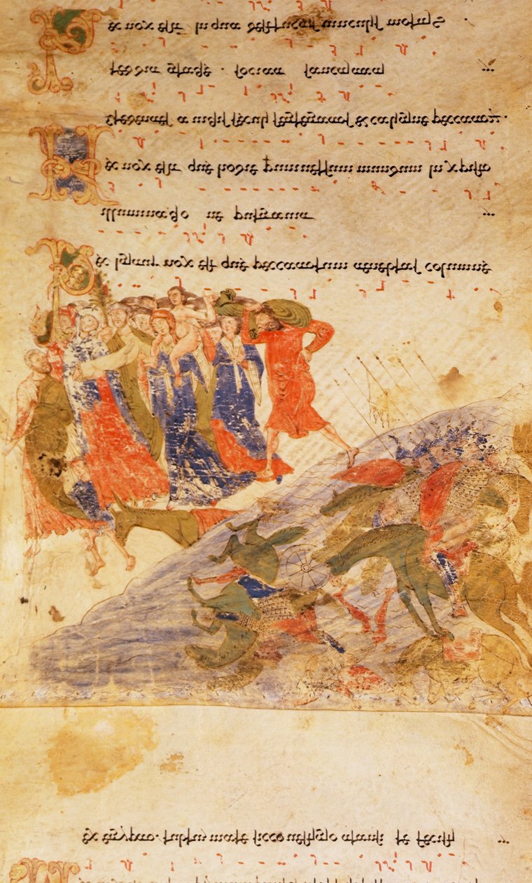 Az izraeliták átkelnek a Vörös-tengeren, az "Exultet Roll"-ból, 1072 körül (vellum) alkotó: Italian School