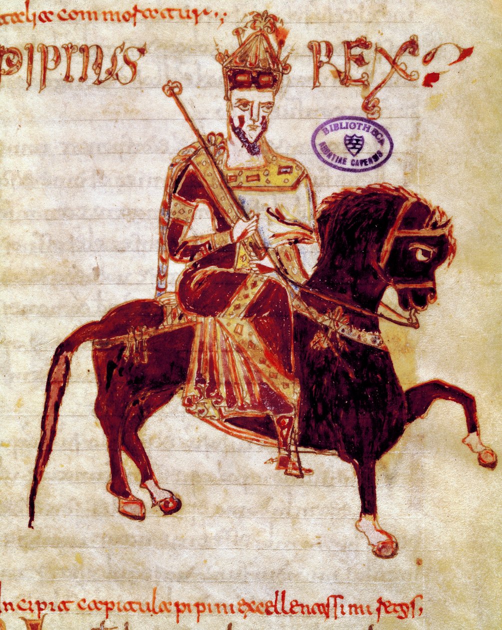 A frankok királya Pepin rövid (715-768) Kéziratoldal (4. ms.) „” Codex Legum Longobardorum” (vagy Langobardorum), amely a Rothari király által létrehozott Lombard Királyság törvényeit írja le alkotó: Italian School