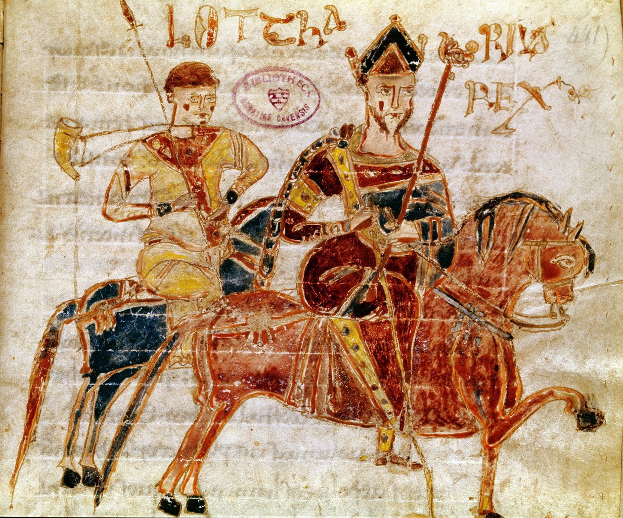 A frankok királya, majd I. Lotharia (9. század) Miniatűr a „Codex Legum Longobardorum”-ból (vagy Langobardorum), amely a Rothari király által létrehozott Lombard királyság törvényeit írja le alkotó: Italian School
