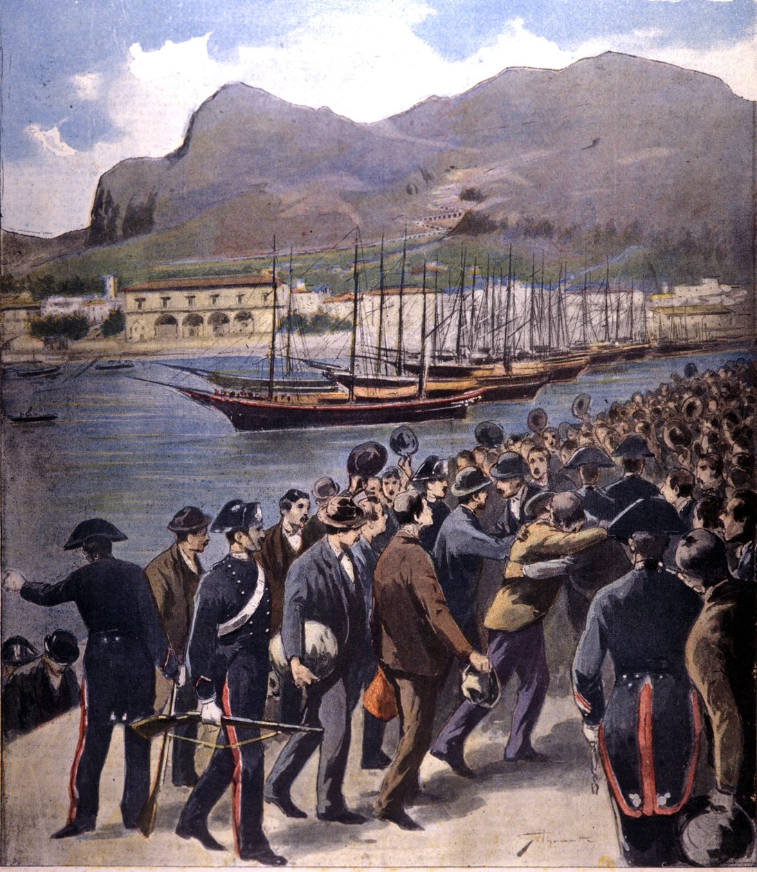 A maffia az 1895-ös amnesztia után a karabinierik kíséretében visszatért Palermóba. alkotó: Italian School