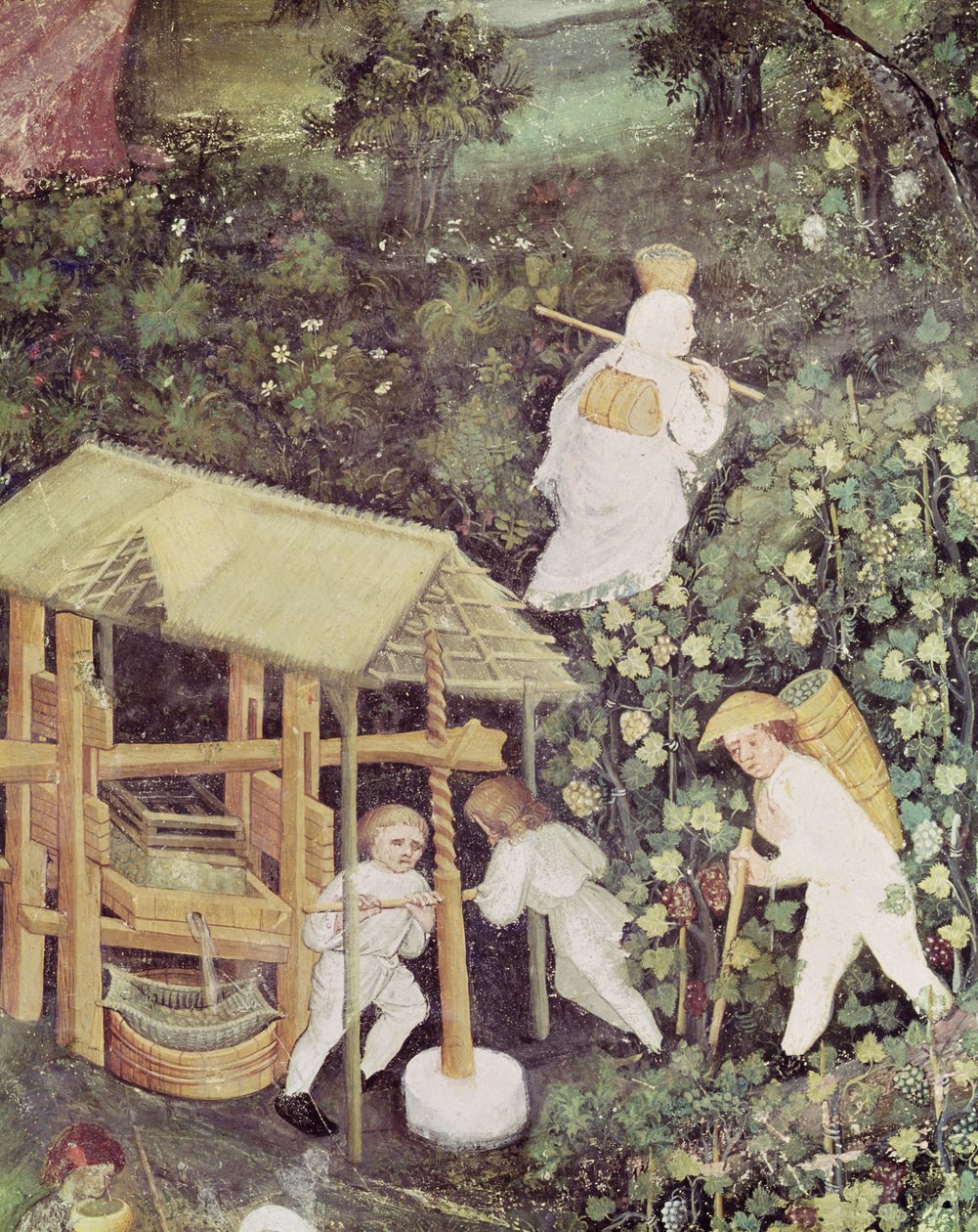 Október hónap, részlet a szőlőt sajtoló szőlőszedőkről, 1400 körül (freskó) alkotó: Italian School