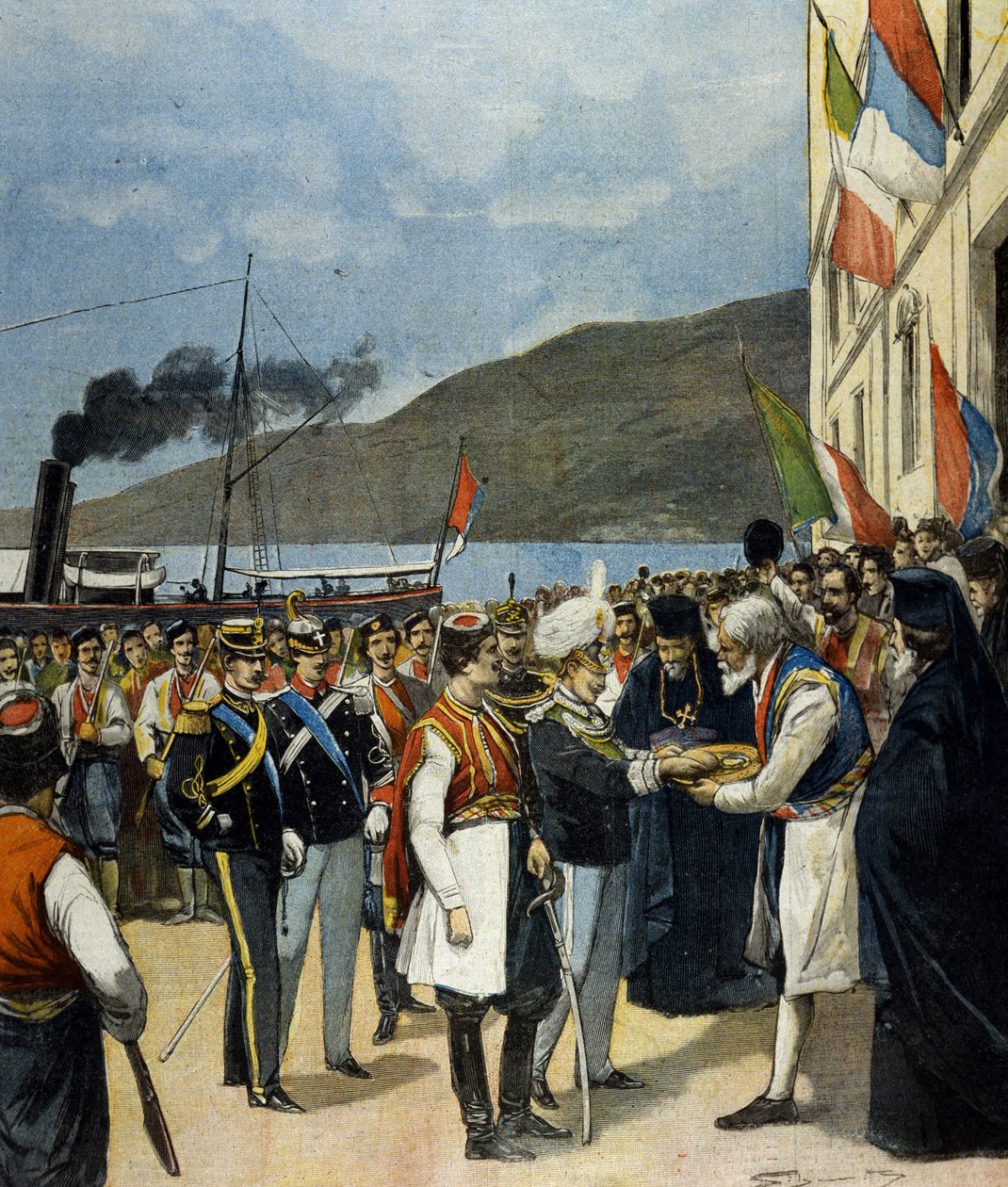 A nápolyi herceg – akkor III. Viktor Emmanuel (Victor-Emmanuel) (Vittorio Emanuele) – a hagyomány szerint Rijekában kap kenyeret és sót Helene de Montenegro családjától. alkotó: Italian School