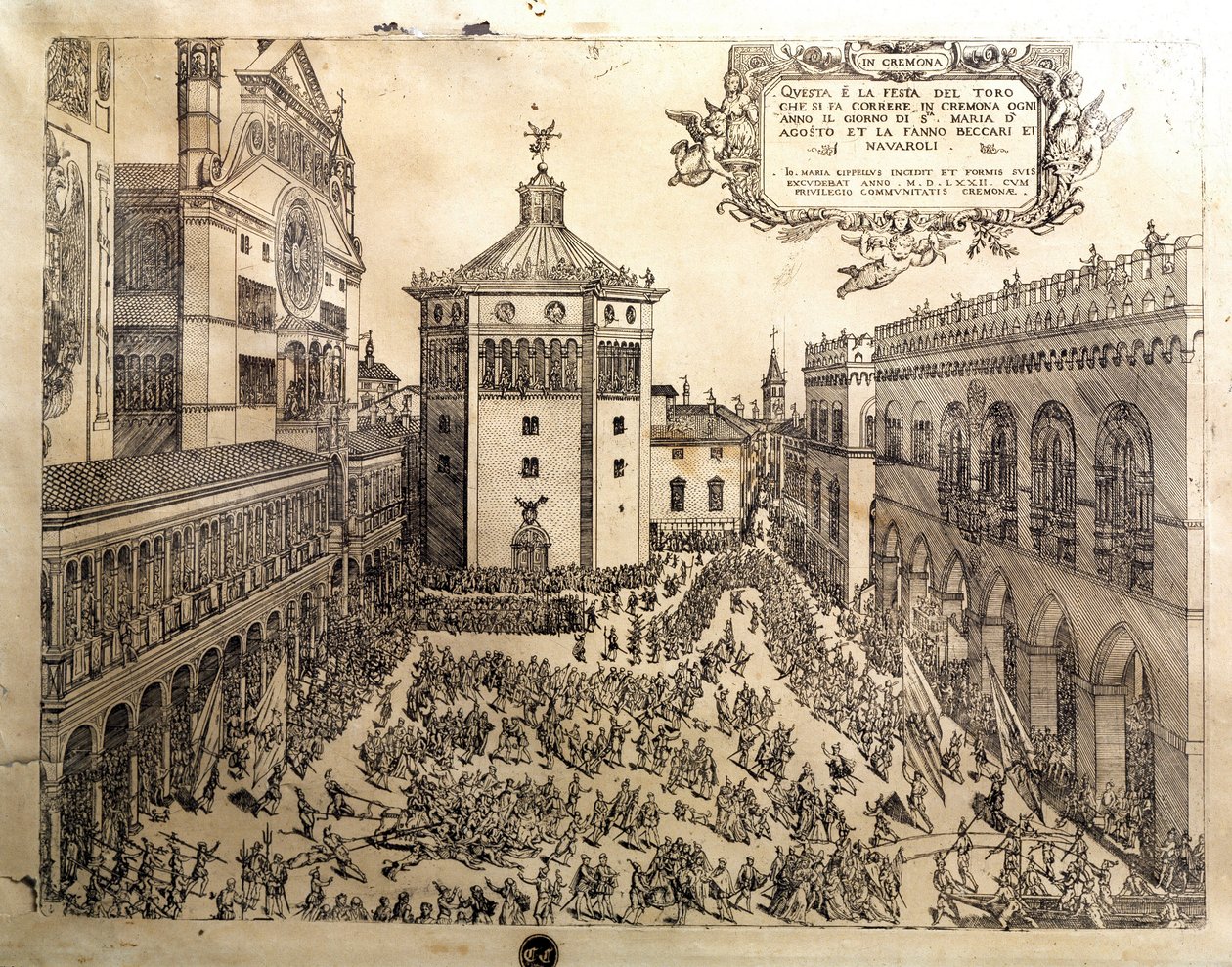 A Bika lakoma a Cremone (Cremona) Nagy téren Olaszországban. Metszet a 16. századi Cremonáról, Museo Civico Italy alkotó: Italian School