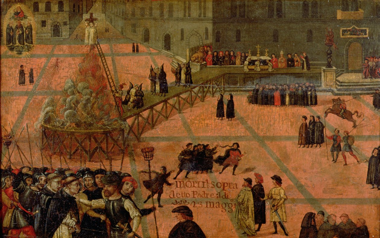 Savonarola kínzása (1452-98) (olaj, tábla) alkotó: Italian School