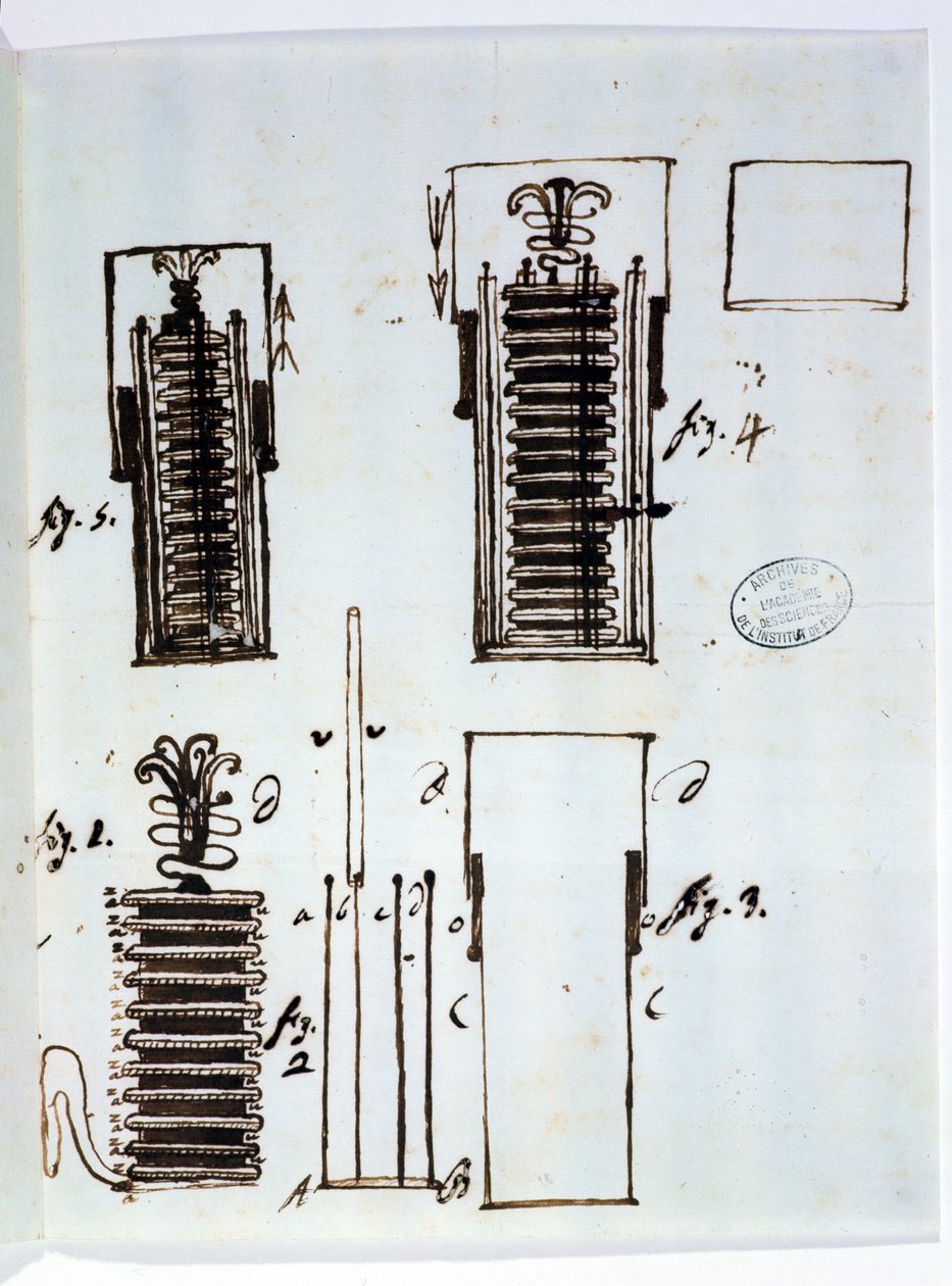 A Voltaic kupac (akkumulátor). Rajz Alessandro Volta (1745-1827) Dieudonne Dolomieu-hoz (1750-1801) írt leveléből galvanizálásról, 1801 (toll és tinta papíron) alkotó: Italian School