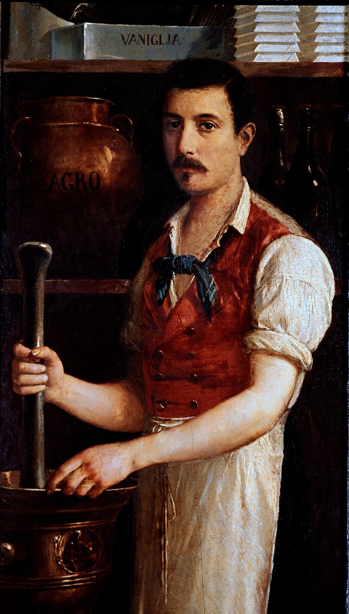 A csokoládé kézműves gyártása A kakaóbabot őrlik. Egy jel névtelen festménye. 1875-1900 Milánó, museo di Milano alkotó: Italian School
