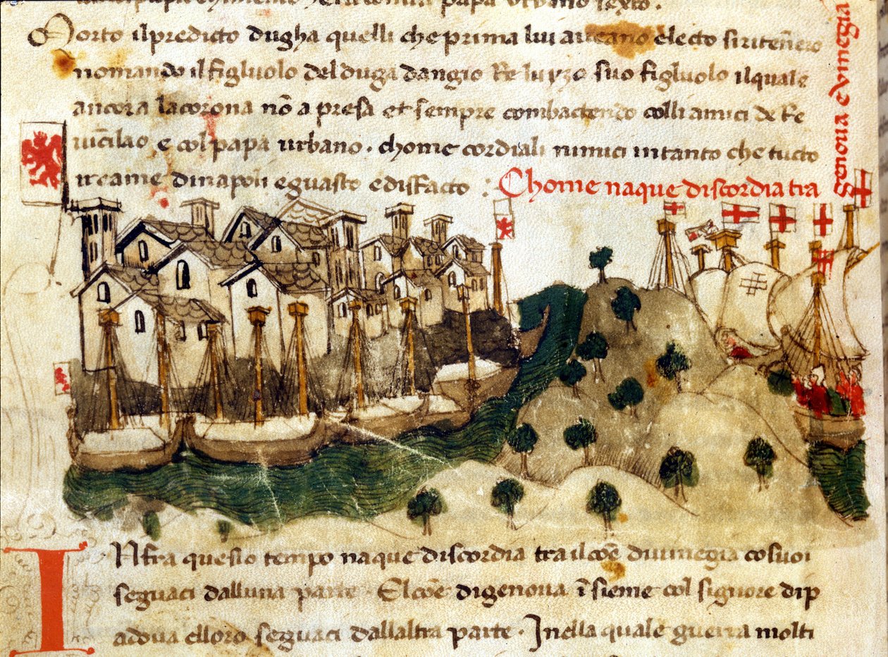 A Chioggia háború kezdete Genova és Velence között. Sercambi krónikái. Nemzeti Levéltár, Lucca. alkotó: Italian School