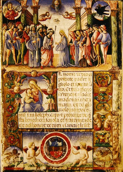 Szűzanya eljegyzése, a Szent József és Szent Szilveszter világi céh egyik Mariegolájából, 1315 (tinta pergamen) alkotó: Italian School