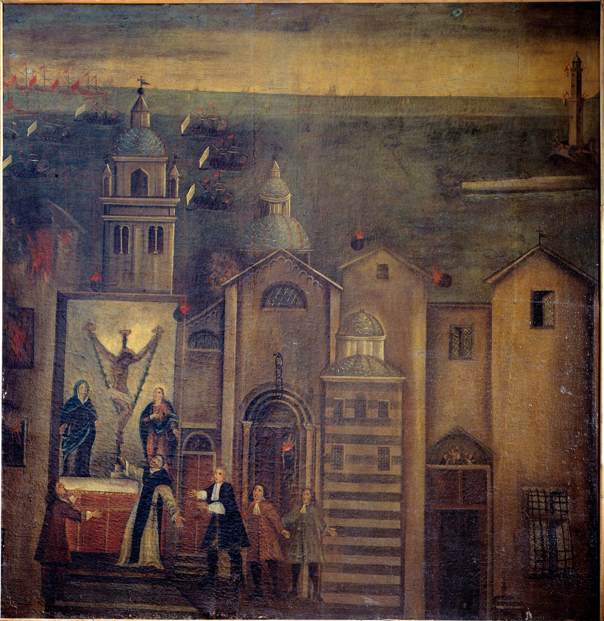 A Santa Maria del Castello templomot a franciák bombázása során találták el 1684-ben Genovában (olaj, vászon alkotó: Italian School
